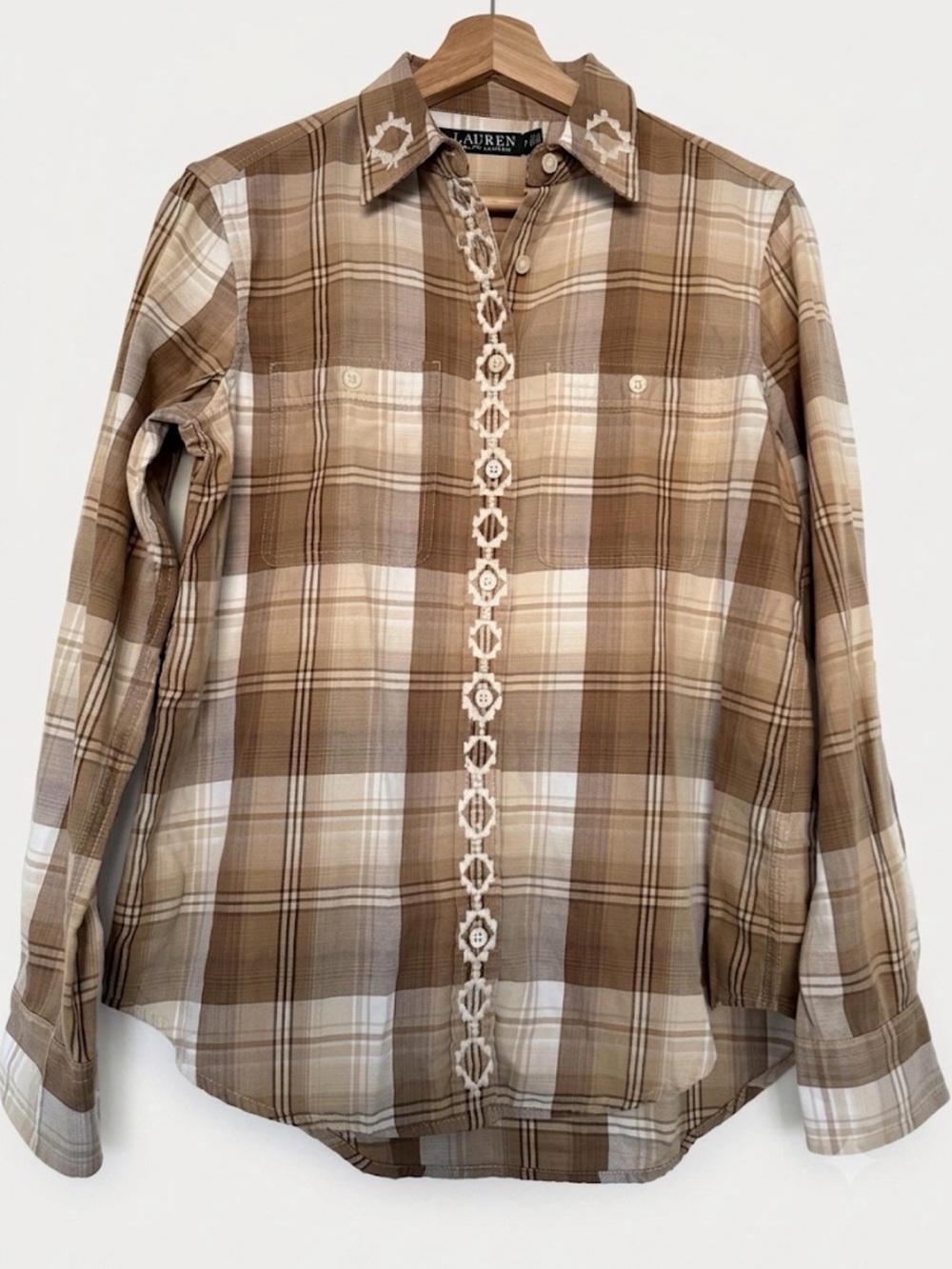 Lauren Ralph Tan and Cream Plaid Embroidered Button-Up Shirt Western 
Size S